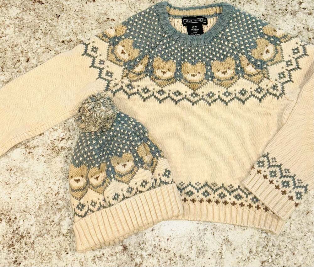 Jarvis Archer Toddler Size 4T Bear Fair Isle Sweater and Pom-Pom Beanie Set